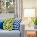 Bright living room featuring a soft sofa with vibrant pillows, a stylish table lamp, and a lush green plant.